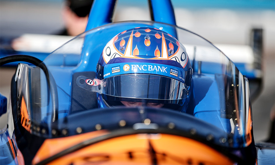 Scott Dixon sits in his No. 9 PNC Chip Ganassi Racing Indy car, which is outfitted with a prototype windscreen.