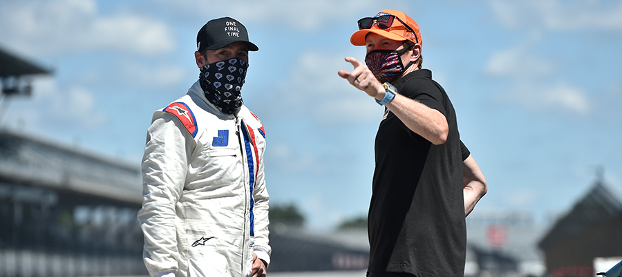 Jimmie Johnson with Scott Dixon during his NTT INDYCAR SERIES test at Indianapolis Motor Speedway