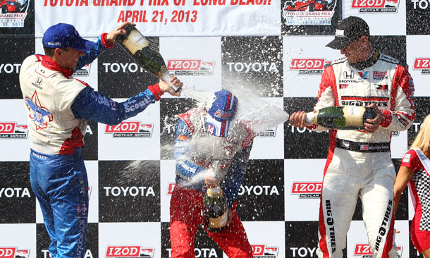Champagne Spray on Takuma Sato
