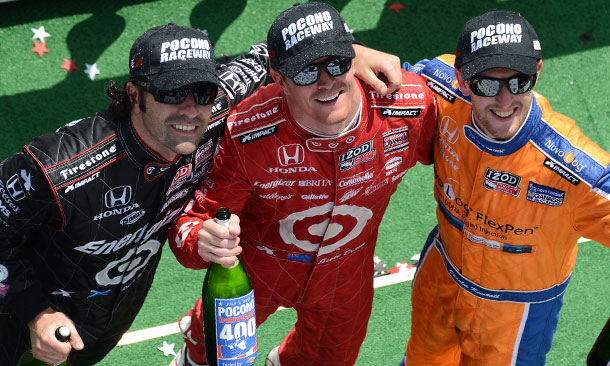 Pocono Podium - Scott Dixon, Charlie Kimball, and Dario Franchitti