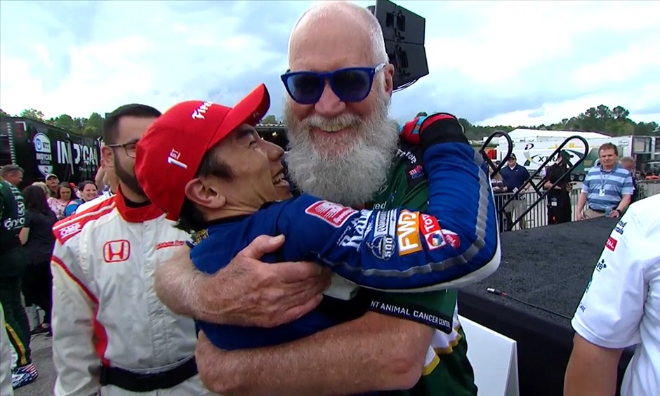 David Letterman hugs Takuma Sato