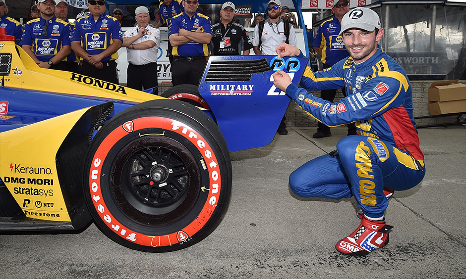 Alexander Rossi with NTT P1 Award sticker Detroit
