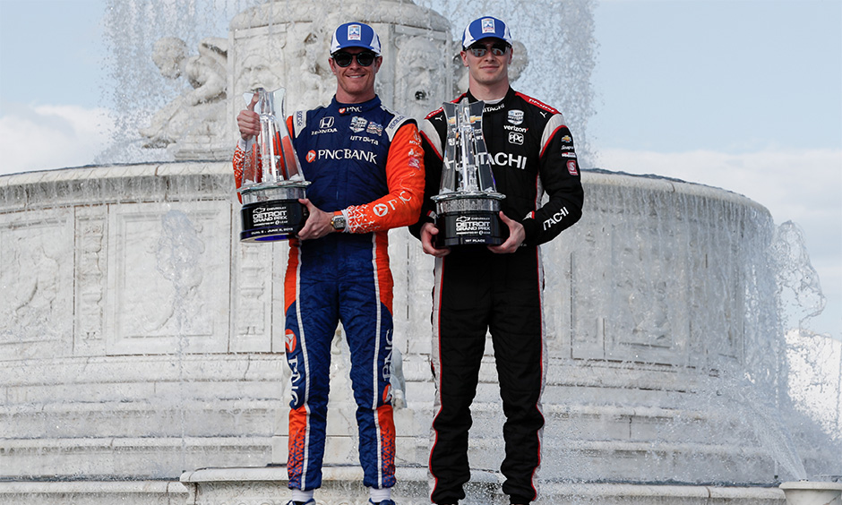 Scott Dixon and Josef Newgarden with Detroit race win trophies