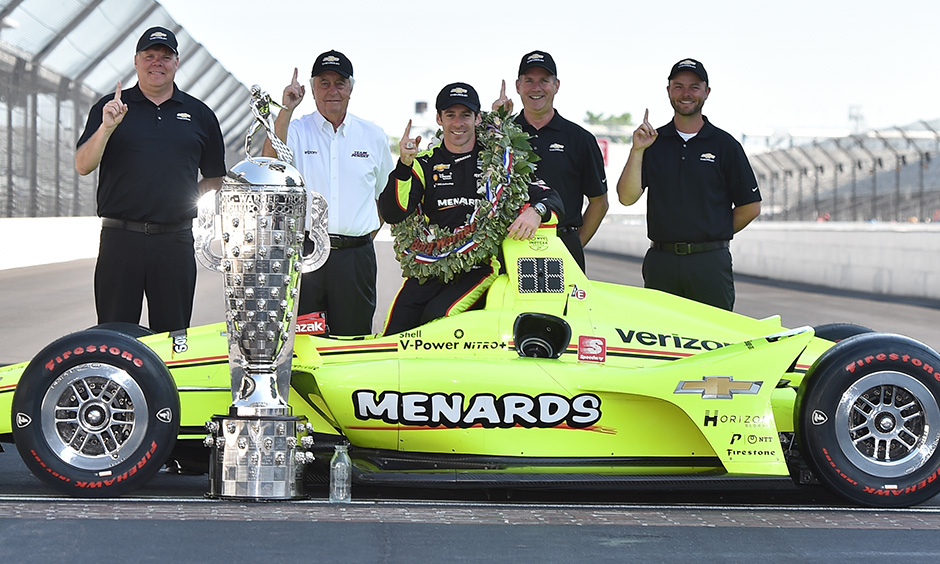 Jim Campbell, Roger Penske, Simon Pagenaud, Mark Kent and Rob Buckner Indy 500 winning photo