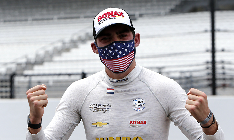 Rinus VeeKay celebrates his first top-five finish in the NTT INDYCAR SERIES.