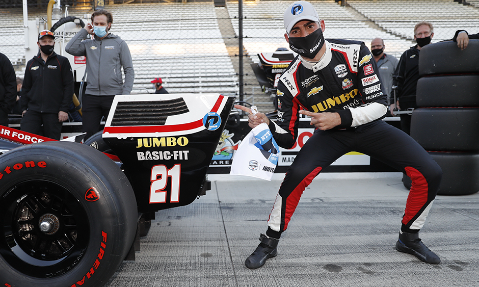 Rinus VeeKay celebrates his pole