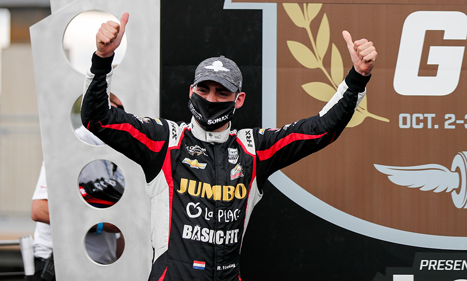 Rinus VeeKay celebrates his first podium